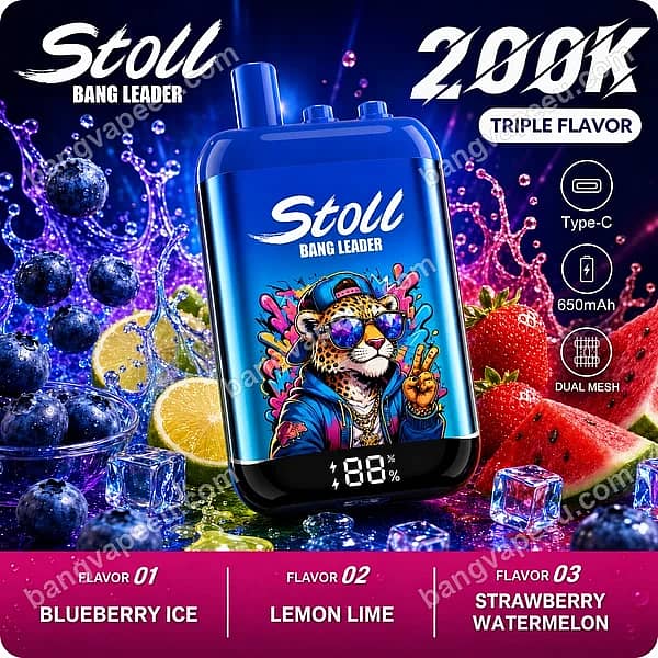 Bang Leader Stoll 200K Puffs Disposable Vape Featuring Triple Flavors Blueberry Ice, Lemon Lime, Strawberry Watermelon, With 650Mah Battery And Dual Mesh