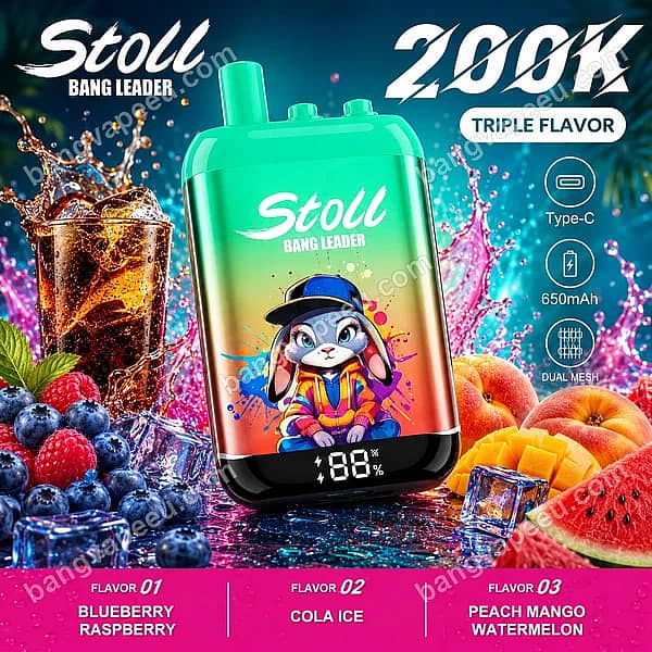 Bang Leader Stoll 200K Puffs Disposable Vape Featuring Triple Flavors: Blueberry Raspberry, Cola Ice, And Peach Mango Watermelon With Dual Mesh