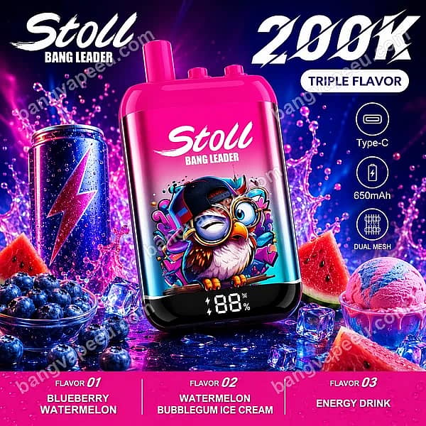 Bang Leader Stoll 200K Puffs Triple Flavor Disposable Vape Featuring A Digital Display, 650Mah Type-C Rechargeable Battery, And Dual Mesh Coils