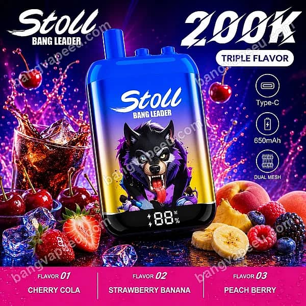 Bang Leader Stoll 200K Puffs Disposable Vape Featuring Triple Flavors Cherry Cola, Strawberry Banana, And Peach Berry With Type-C Rechargeability