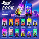 Bang Leader Stoll 200K Puffs disposable vape flavors list featuring triple flavor options, dual mesh coil, Type-C, and a 650mAh rechargeable battery