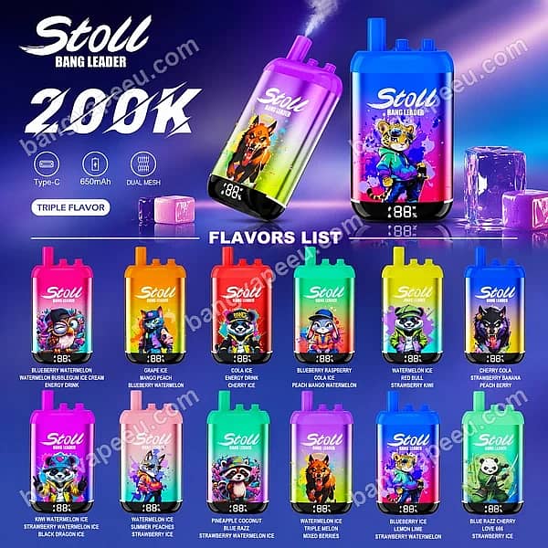 Bang Leader Stoll 200K Puffs Disposable Vape Flavors List Featuring Triple Flavor Options, Dual Mesh Coil, Type-C, And A 650Mah Rechargeable Battery
