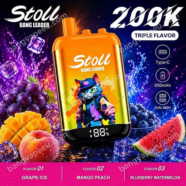 Bang Leader Stoll 200K Puffs Triple Flavor Disposable Vape In Grape Ice, Mango Peach, And Blueberry Watermelon With A Digital Screen
