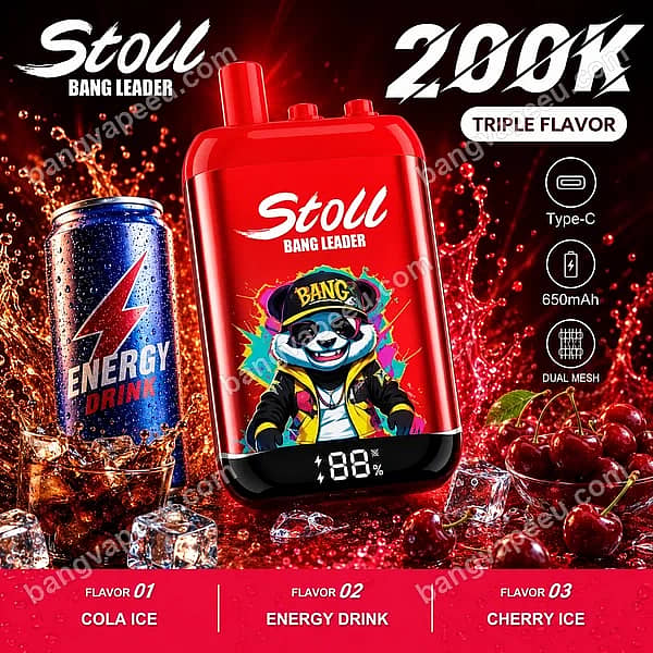 Bang Leader Stoll 200K Puffs Disposable Vape Featuring Triple Flavors Cola Ice, Energy Drink, And Cherry Ice With A Rechargeable Battery And Dual Mesh
