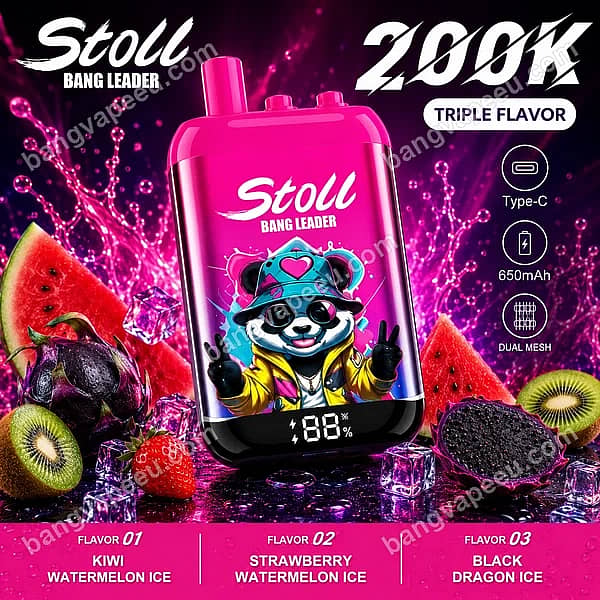 Bang Leader Stoll 200K Puffs Triple Flavor Disposable Vape Featuring Kiwi Watermelon Ice, Strawberry Watermelon Ice, And Black Dragon Ice With Led Display