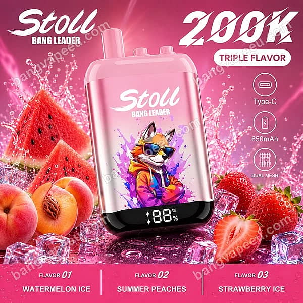 Bang Leader Stoll 200K Puffs Triple Flavor Rechargeable Vape Featuring Watermelon Ice, Summer Peaches, And Strawberry Ice With A Built-In Led Display