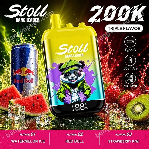 Bang Leader Stoll 200K Puffs Triple Flavor Disposable Vape Featuring Watermelon Ice, Red Bull, And Strawberry Kiwi With A Digital Display And Dual Mesh