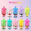 QQ Bang Perfume 150K vape flavor selection showcasing ten different colorful disposable vape device flavors like Red Fuji, Strawberry Ice, and Blueberry Ice