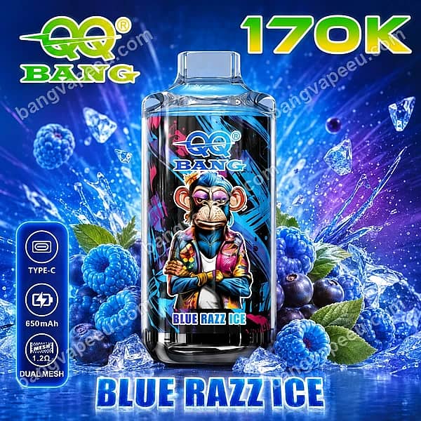 W=600,H=600,Fit=Scale Down,Gravity=Auto,Sharpen=1,Metadata=None,Format=Auto,Quality=70 Qq Bang 170K Blue Razz Ice Disposable Vape With 650Mah Type-C Rechargeable Battery, 1.2 Ohm Dual Mesh Coil, And Monkey Character On Ice