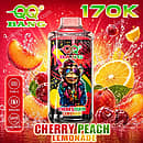 Qq Bang 170K Cherry Peach Lemonade disposable vape device featuring a 650mAh rechargeable battery, Type-C port, and 1.2 ohm dual mesh coil
