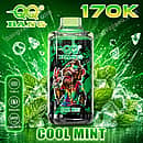 Qq Bang 170K Cool Mint disposable vape device featuring a 650mAh rechargeable battery, Type-C port, dual mesh coil, and refreshing mint leaves with ice