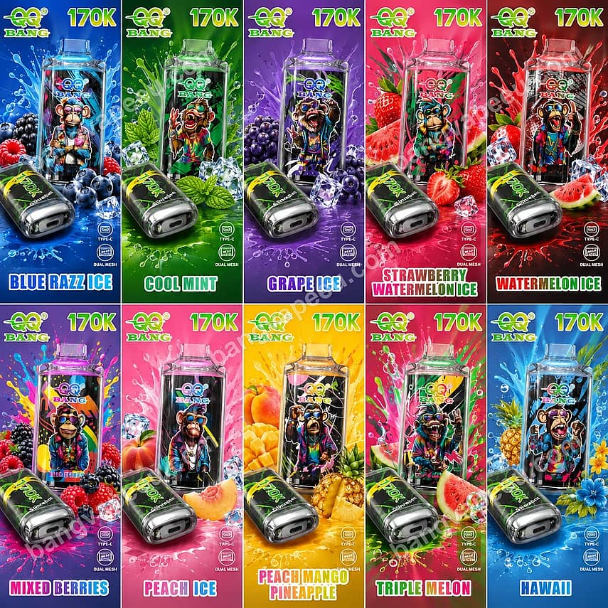 Qq Bang 170K Description Picture Qq Bang 170K Disposable Vape Lineup Featuring Ten Different Fruit Flavors With Type-C Rechargeable Ports And Dual Mesh Coils