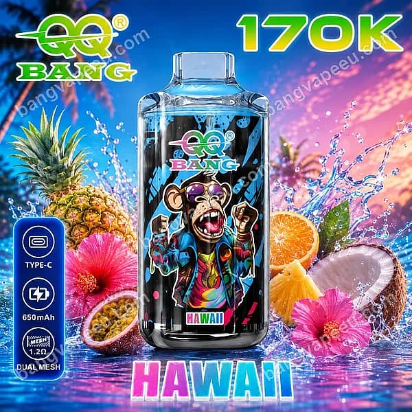 W=600,H=600,Fit=Scale Down,Gravity=Auto,Sharpen=1,Metadata=None,Format=Auto,Quality=70 Qq Bang 170K Hawaii Disposable Vape With A 650Mah Type-C Rechargeable Battery, Dual Mesh Coil, And Tropical Pineapple, Coconut, And Orange Flavors