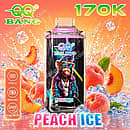 Qq Bang 170K Peach Ice disposable vape device featuring a cool monkey design, 650mAh rechargeable battery, Type-C charging, and dual mesh coils
