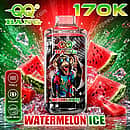 Qq Bang 170K Watermelon Ice disposable vape featuring a cool monkey mascot, fresh watermelon slices, ice, 650mAh battery, and dual mesh technology