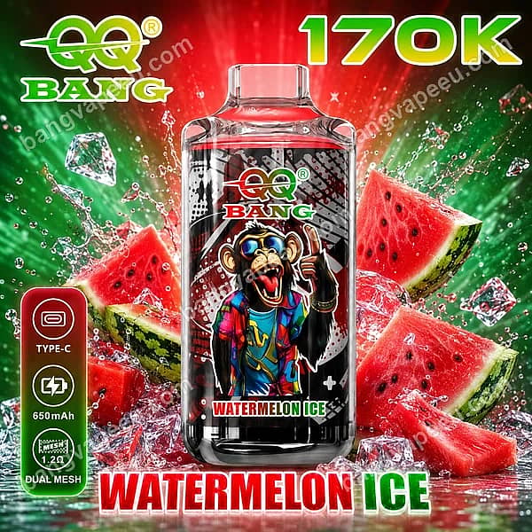 W=600,H=600,Fit=Scale Down,Gravity=Auto,Sharpen=1,Metadata=None,Format=Auto,Quality=70 Qq Bang 170K Watermelon Ice Disposable Vape Featuring A Cool Monkey Mascot, Fresh Watermelon Slices, Ice, 650Mah Battery, And Dual Mesh Technology