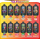 Qq Bang 80K flavor list featuring 12 disposable vape options with colorful elephant graphics, digital display screens, and a variety of fruit flavors
