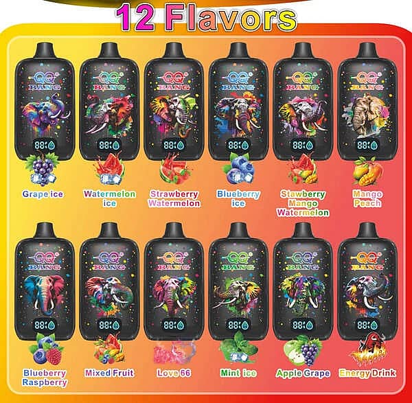 Qq Bang 80K Flavor List Featuring 12 Disposable Vape Options With Colorful Elephant Graphics, Digital Display Screens, And A Variety Of Fruit Flavors