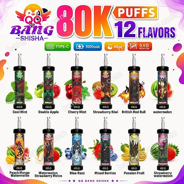 Lista de 12 sabores de Qq Bang Shisha 80K, con dispositivos de vapeo desechables recargables de 1000 mAh, capacidad de 40 ml, resistencia de malla de 0,6 ohmios y 80 000 caladas