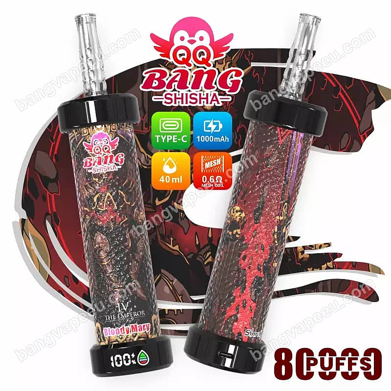 Qq Bang Shisha 80K Puffs Bloody Mary, vaporizador desechable con batería recargable de 1000 mAh con conector tipo C, capacidad para 40 ml de e-líquido y resistencia de malla de 0,6 ohmios