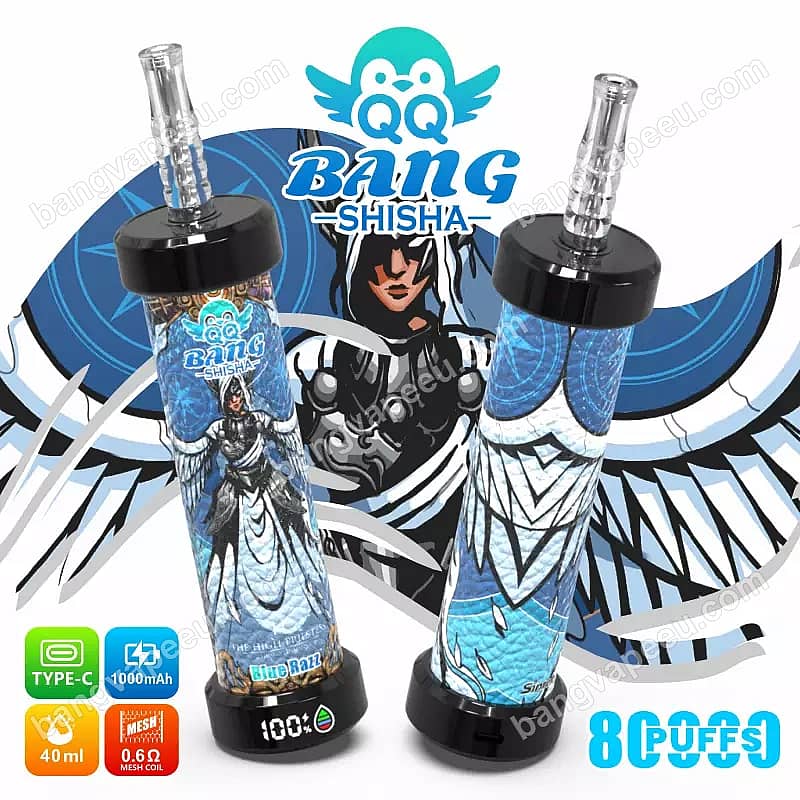 Vape desechable Qq Bang Shisha de 80 000 caladas con sabor a Blue Razz, que cuenta con una batería recargable de 1000 mAh con conector tipo C, una capacidad de 40 ml y una resistencia de malla de 0,6 ohmios
