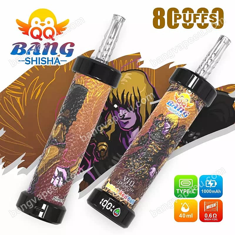 Qq Bang Shisha: vaporizador desechable de 80 000 caladas con sabor a Red Bull británico, que incluye 40 ml de e-líquido, una batería recargable de 1000 mAh con conector tipo C y una pantalla LED digital