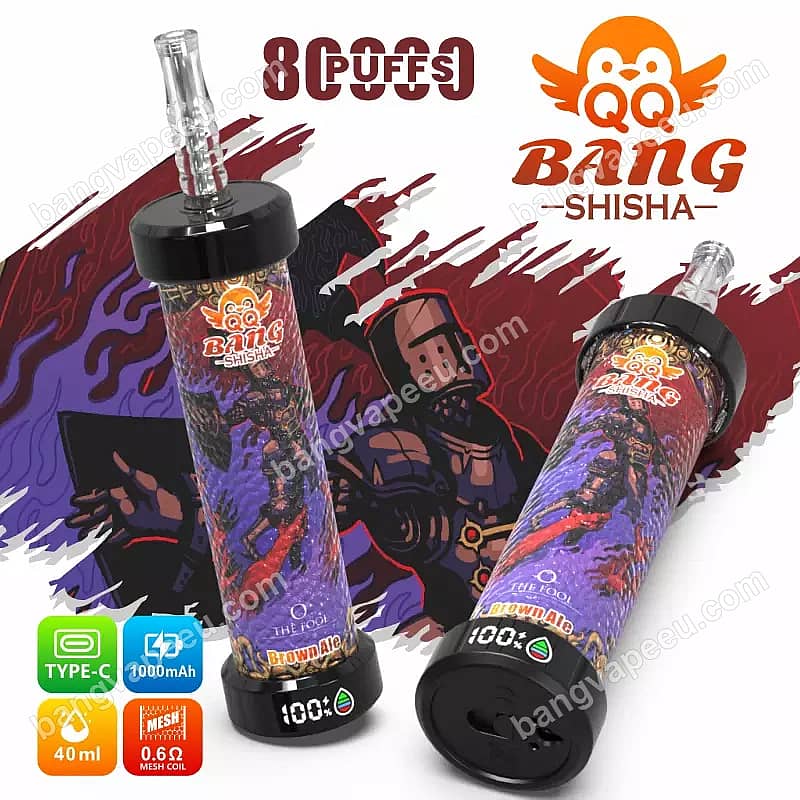 Qq Bang Shisha, vaporizador recargable de 80 000 caladas con sabor a cerveza marrón, que cuenta con una batería de 1000 mAh, carga tipo C, capacidad de 40 ml y pantalla digital