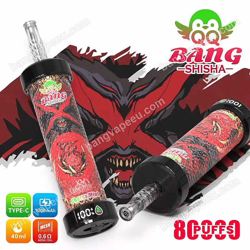 Qq Bang Shisha: vaporizador desechable de 80 000 caladas con sabor a cereza y menta, batería recargable de tipo C de 1000 mAh, capacidad de 40 ml de e-líquido y resistencia de malla de 0,6 ohmios
