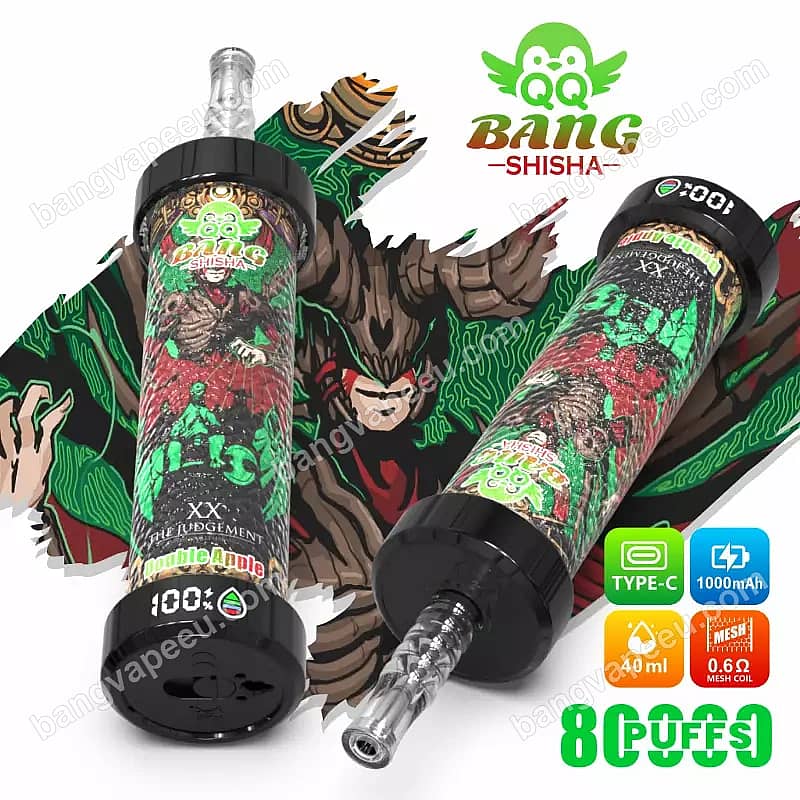 Vape desechable Qq Bang Shisha de 80 000 caladas con sabor a manzana doble, que cuenta con una batería recargable de tipo C de 1000 mAh, una capacidad de 40 ml y una resistencia de malla de 0,6 ohmios