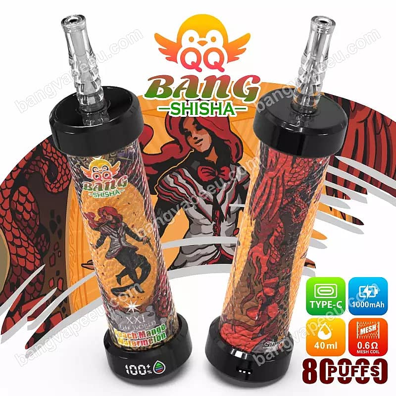 Vape desechable Qq Bang Shisha de 80 000 caladas con sabor a melocotón, mango y sandía, que cuenta con una batería recargable de tipo C de 1000 mAh, una capacidad de 40 ml y una resistencia de malla