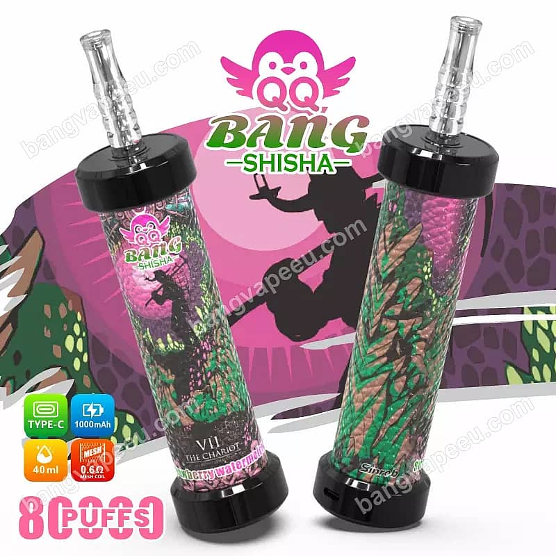 Qq Bang Shisha: vaporizador desechable de 80 000 caladas con sabor a fresa y sandía, que cuenta con una batería recargable de 1000 mAh, una capacidad de 40 ml y una resistencia de malla de 0,6 ohmios.