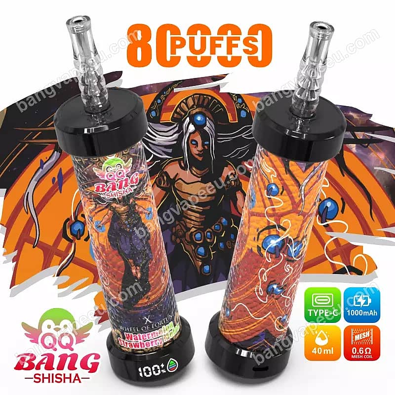 Qq Bang Shisha: vaporizador desechable de 80 000 caladas con sabor a sandía, fresa y melón, que cuenta con una batería recargable de 1000 mAh con conector tipo C y una capacidad de 40 ml de e-líquido.