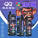 Velivape Qq Bang 180K Banana Ice disposable vape with 4-in-1 flavors, 180,000 puffs, LCD display screen, and 650mAh rechargeable battery