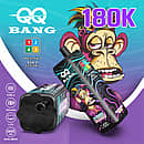 Velivape Qq Bang 180K Blackcurrant disposable vape featuring 4-in-1 flavors, dual mesh coils, a 650mAh Type-C rechargeable battery, and an LCD screen