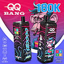 Velivape Qq Bang 180K Blueberry Watermelon Cherry Ice 4-in-1 disposable vape featuring 180,000 puffs, an LCD screen, and rechargeable 650mAh battery