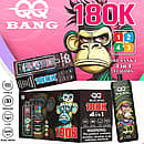 QQ Bang 180K disposable vape featuring a 4-in-1 flavor system, 180K puffs, Type-C rechargeable battery, dual mesh coils, and an LCD screen