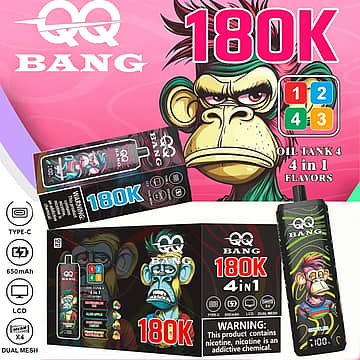 Qq Bang 180K Disposable Vape Featuring A 4-In-1 Flavor System, 180K Puffs, Type-C Rechargeable Battery, Dual Mesh Coils, And An Lcd Screen