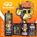 Velivape Qq Bang 180K Mango Peach Grape Ice 4-in-1 disposable vape with 180K puffs, dual mesh coils, an LCD screen, and Type-C rechargeable battery