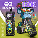 Velivape Qq Bang 180K Strawberry disposable vape featuring a 4-in-1 oil tank design, LCD screen, dual mesh coils, and a cartoon monkey graphic