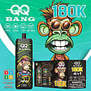 Velivape Qq Bang 180K Tropical 4-in-1 disposable vape featuring Peach Ice and Skittles flavors, LCD screen, 650mAh battery, and cool monkey artwork