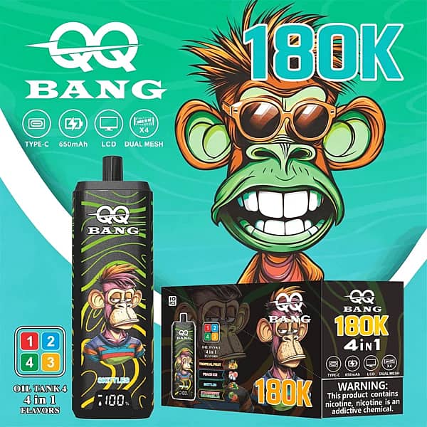 W=600,H=600,Fit=Scale Down,Gravity=Auto,Sharpen=1,Metadata=None,Format=Auto,Quality=70 Velivape Qq Bang 180K Tropical 4-In-1 Disposable Vape Featuring Peach Ice And Skittles Flavors, Lcd Screen, 650Mah Battery, And Cool Monkey Artwork