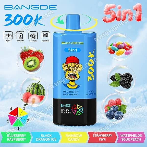 B=600,H=600,Anpassen=Verkleinern,Schwerkraft=Auto,Schärfen=1,Metadaten=Keine,Format=Auto,Qualität=70 Bang De 300K Blueberry Raspberry 5-in-1-Einweg-E-Zigarette mit fünf umschaltbaren Geschmacksrichtungen, wiederaufladbarem 650-mAh-Akku und einem digitalen Smart-Display