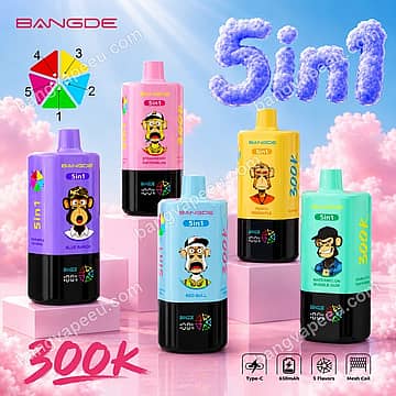 Bang De 300K 5-in-1-Einweg-E-Zigaretten mit Affen-Motiven im Cartoon-Stil, wiederaufladbarem Typ-C-Akku, Smart-Display und 5 verschiedenen Geschmacksrichtungen