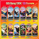 Bangvapeeu Qq Bang 120K Puffs flavor list featuring 12 disposable vape flavors with eagle graphics and digital battery and e-liquid screen indicators