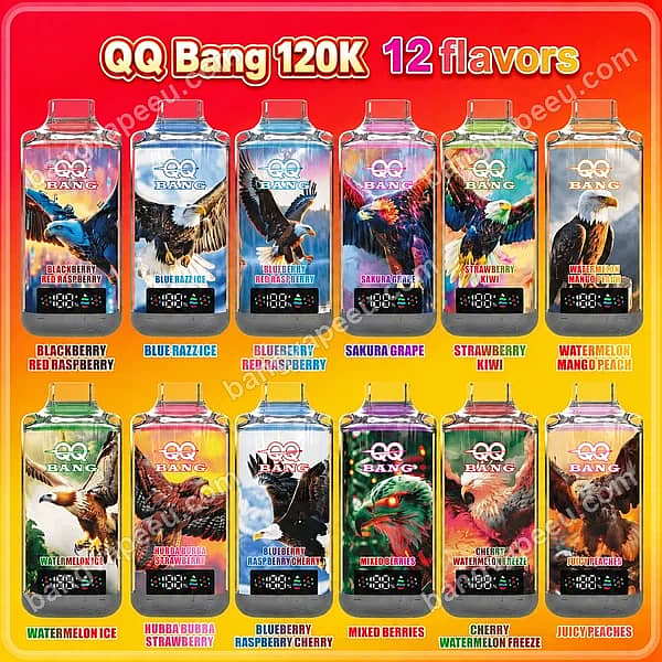Bangvapeeu Qq Bang 120K Puffs Flavor List Featuring 12 Disposable Vape Flavors With Eagle Graphics And Digital Battery And E-Liquid Screen Indicators