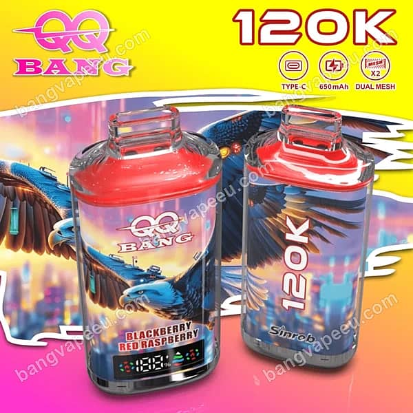Bangvapeeu Qq Bang 120K Blackberry Red Raspberry Disposable Vape Featuring Dual Mesh, A 650Mah Rechargeable Type-C Battery, And A Digital Display Screen