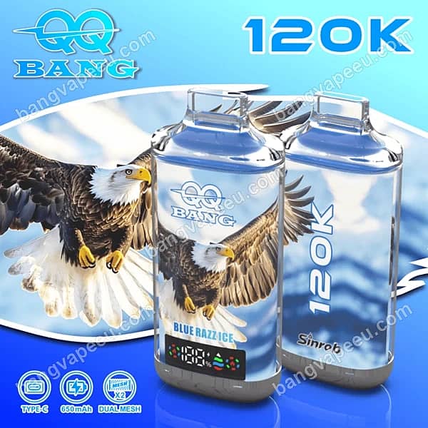 Bangvapeeu Qq Bang 120K Blue Razz Ice Disposable Vape Device With Eagle Design, 120K Puffs, Dual Mesh, 650Mah Battery, And Led Screen