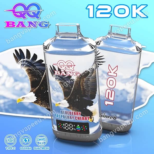 Bangvapeeu Qq Bang 120K Blueberry Raspberry Cherry Disposable Vape With Dual Mesh, 650Mah Type-C Battery, Led Screen, And Eagle Graphic