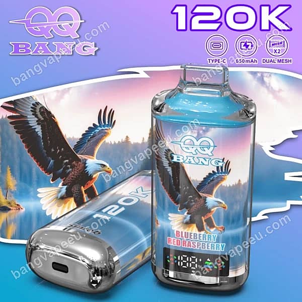 Bangvapeeu Qq Bang 120K Blueberry Red Raspberry Disposable Vape Featuring Dual Mesh, A 650Mah Type-C Rechargeable Battery, And Digital Display Screen