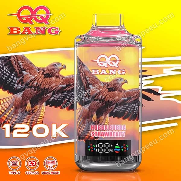 Bangvapeeu Qq Bang 120K Hubba Bubba Strawberry Disposable Vape Featuring A Smart Display, 650Mah Rechargeable Type-C Battery, And Dual Mesh